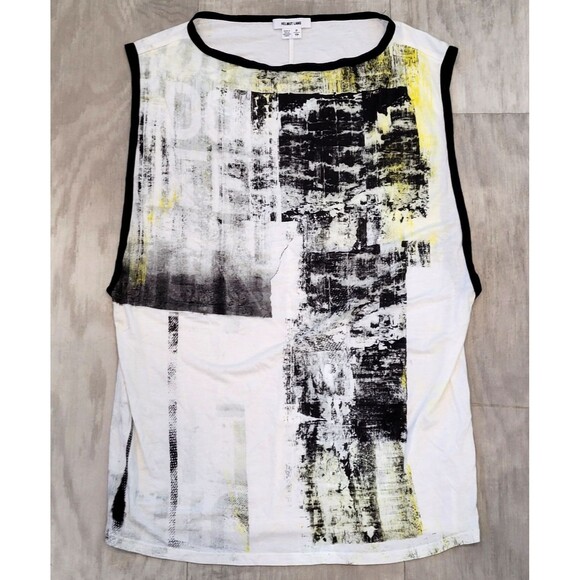 HELMUT LANG Abstract Graphic Print Sleeveless Tank Sz P Shirt White Black Yellow - Picture 1 of 5